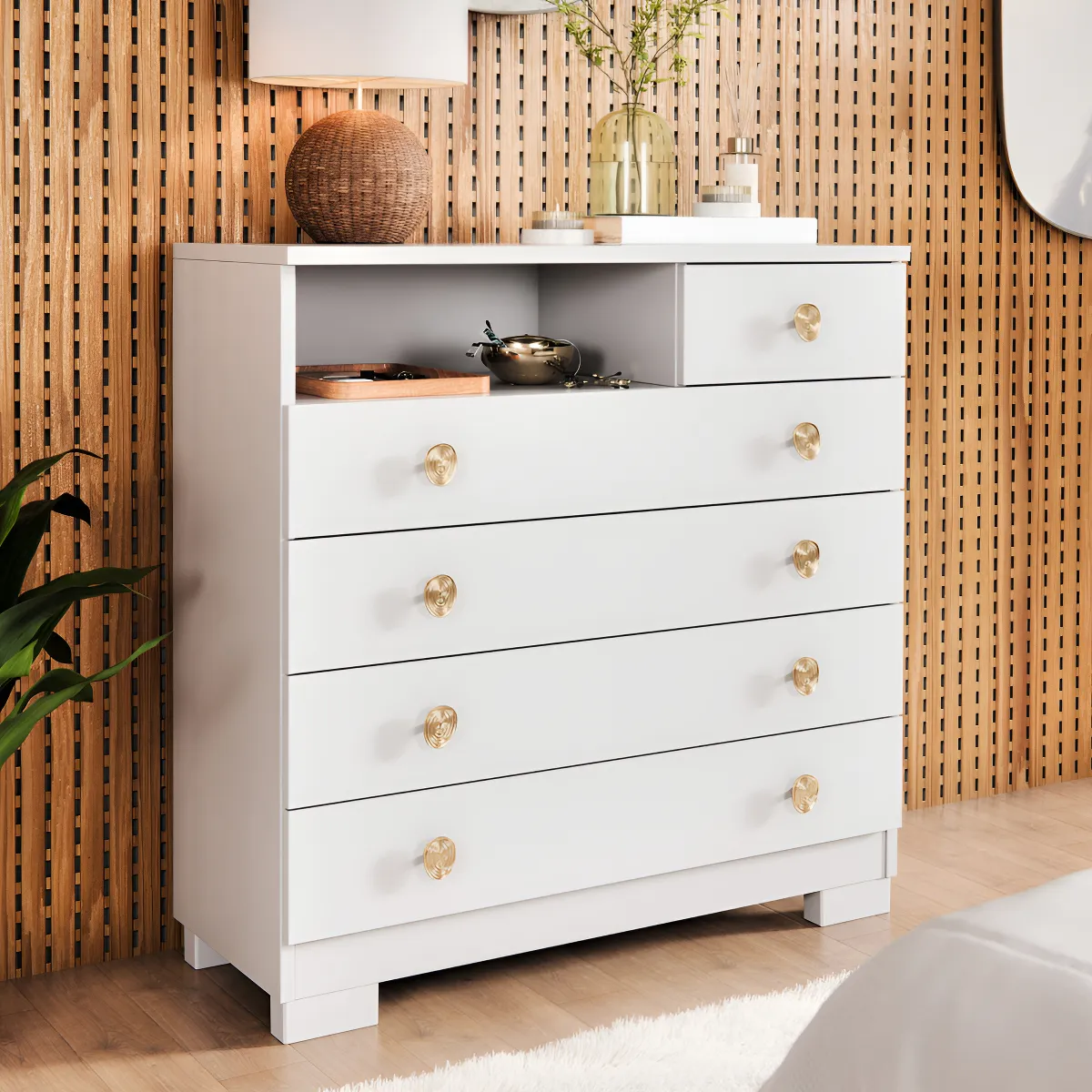 Cômoda 5 Gavetas com Nicho Organizador SELECT para Quarto 75cm Branca | Gaveteiro Multiuso com Puxadores Dourados Cor Branco