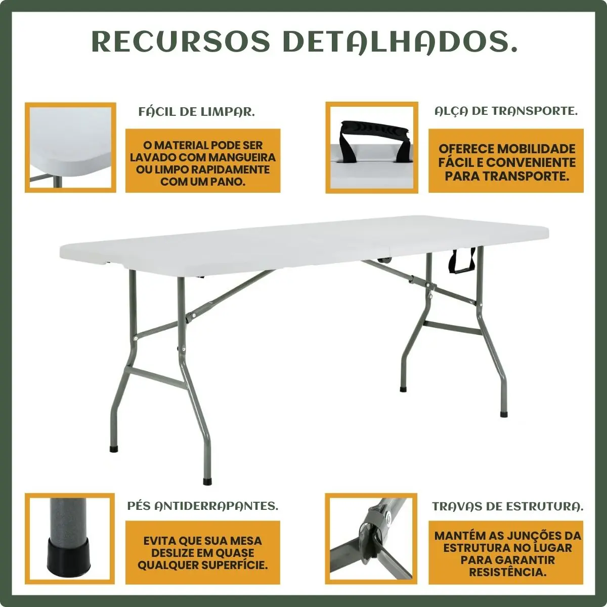 Mesa Dobrável Vira Maleta Com Alça Portátil 1.80m Para Camping Pesca Jardim Área Externa Ou Interna Salão De Festas Gourmet Cor BrancoLuvinco — foto 5