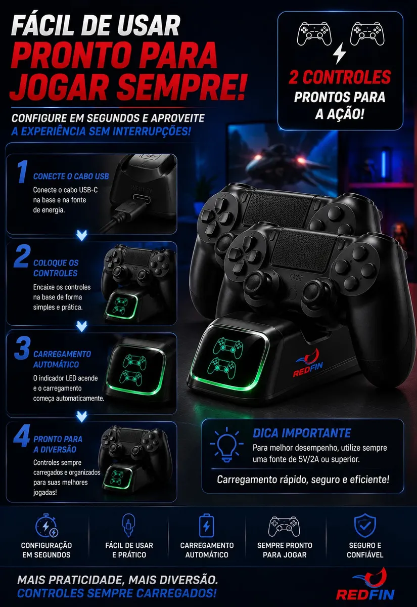 Kit 2 Controles Para Ps4 + Base Carregador Para 2 Controles Compatível Sem Fio – Tv Samsung Pc P4 Ps 4 Bluetooth Manete Gamer Tv Smart Celular Headset P2 Cor Preto Marca Redfin — imagem 6