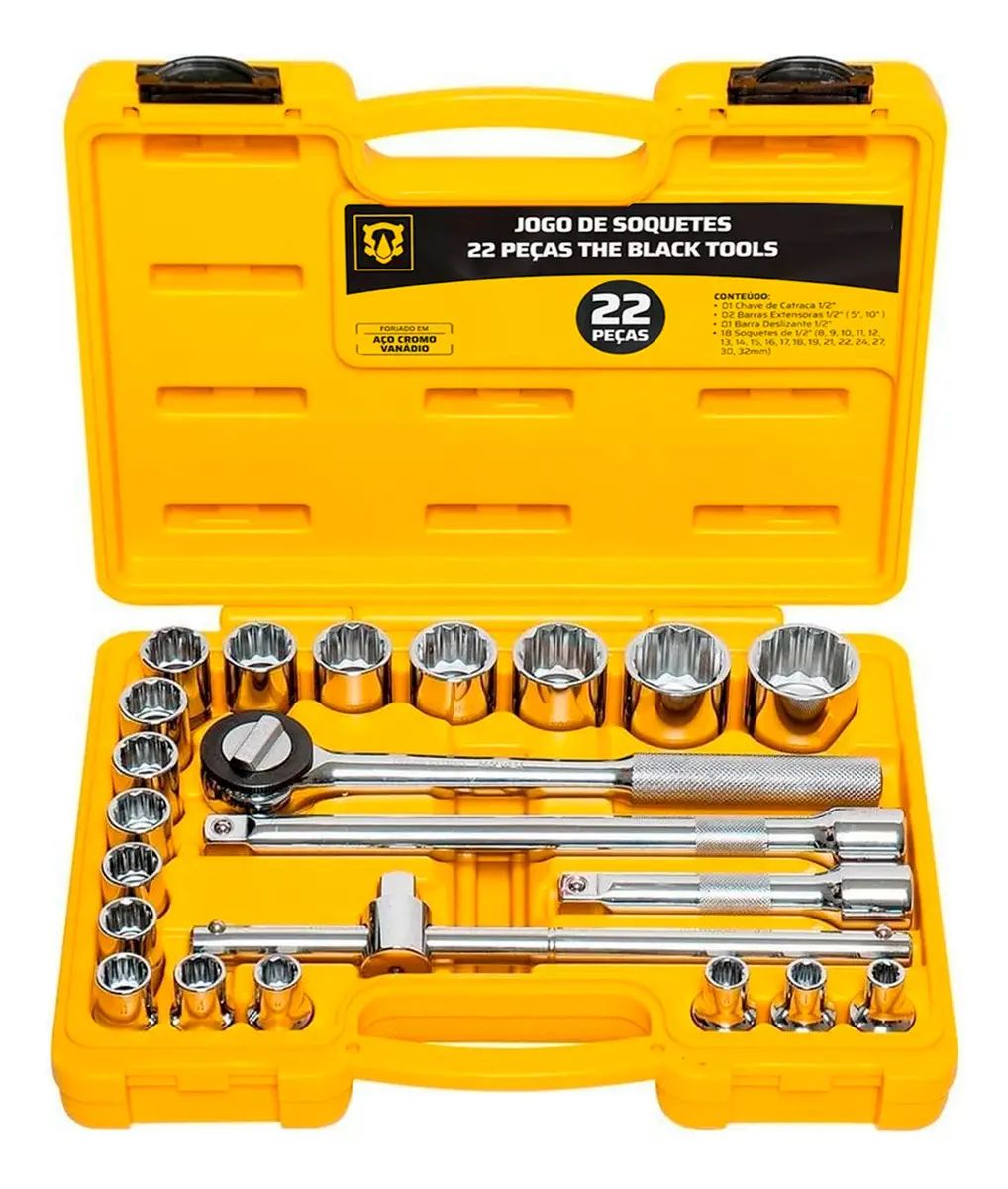 Jogo Kit de Ferramentas Manuais Chave Catraca 1/2 8 a 32mm BCS022 The Black Tools Cor Amarelo
