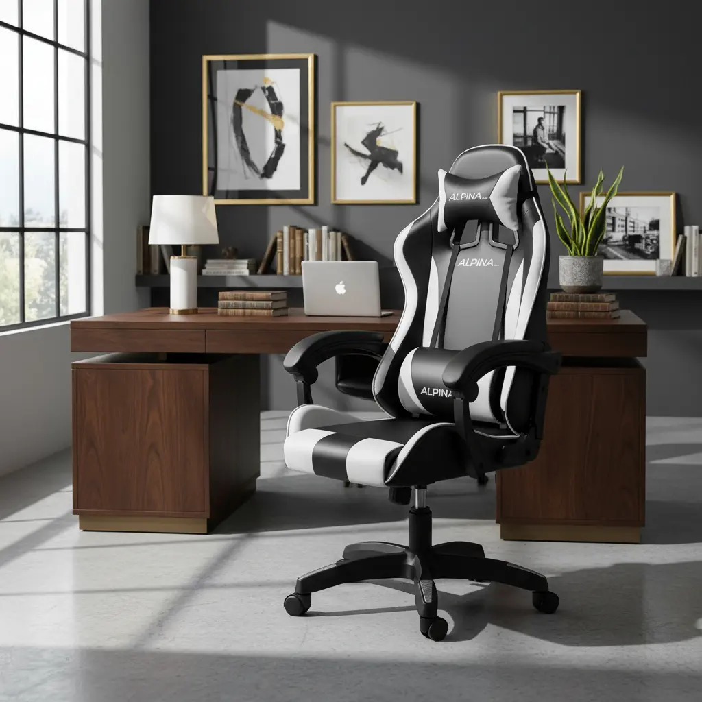 Silla Gamer Alpina Ergonómica Giratoria Reclinable ft-088 Color Negro/blanco Material Del Tapizado Cuero Sintético