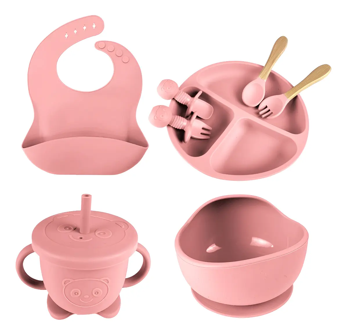 Conjunto papinha pratinho silicone rosa livre de BPA com 8 peças
