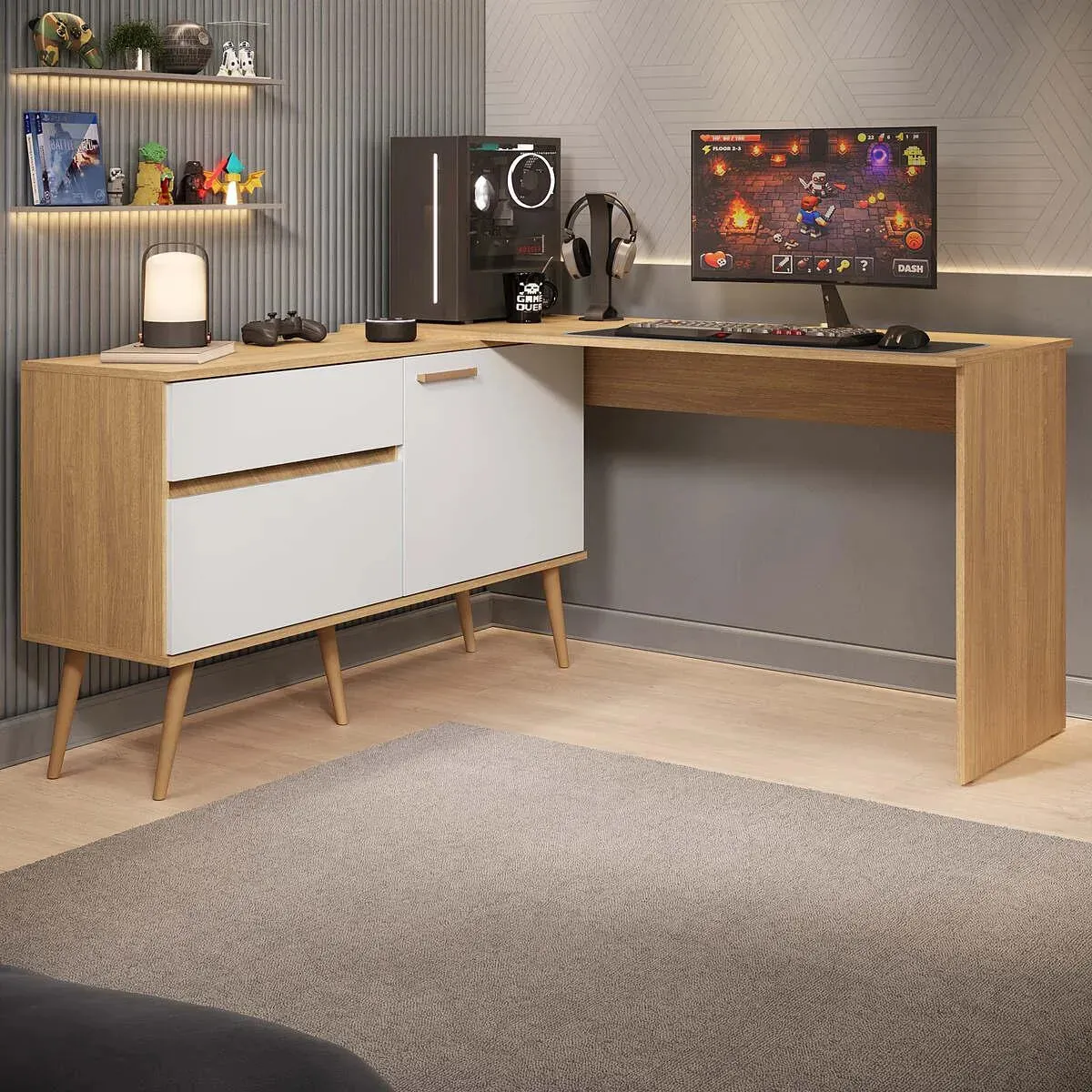 Mesa Gamer em L para Computador 2 Portas 1 Gaveta Arena Multimóveis MP6050