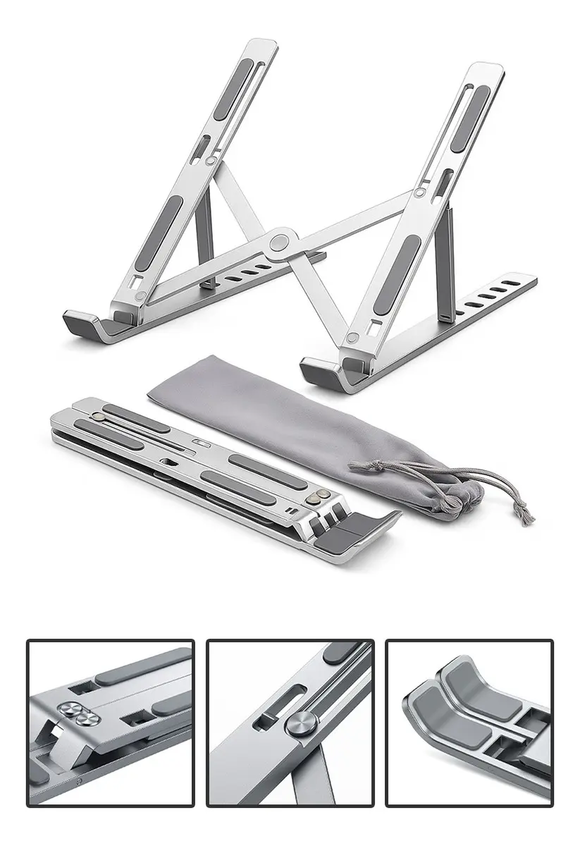 Base Suporte para PC Notebook Alumínio Portátil Articulado Dobrável - Prata