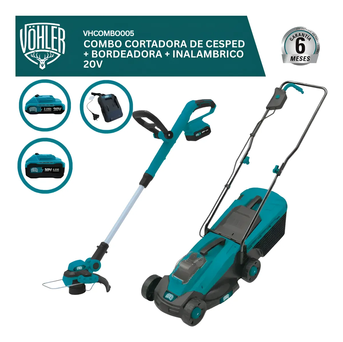 Combo Cortadora De Césped Y Bordeadora A Bateria Vöhler 20v Azul Petróleo