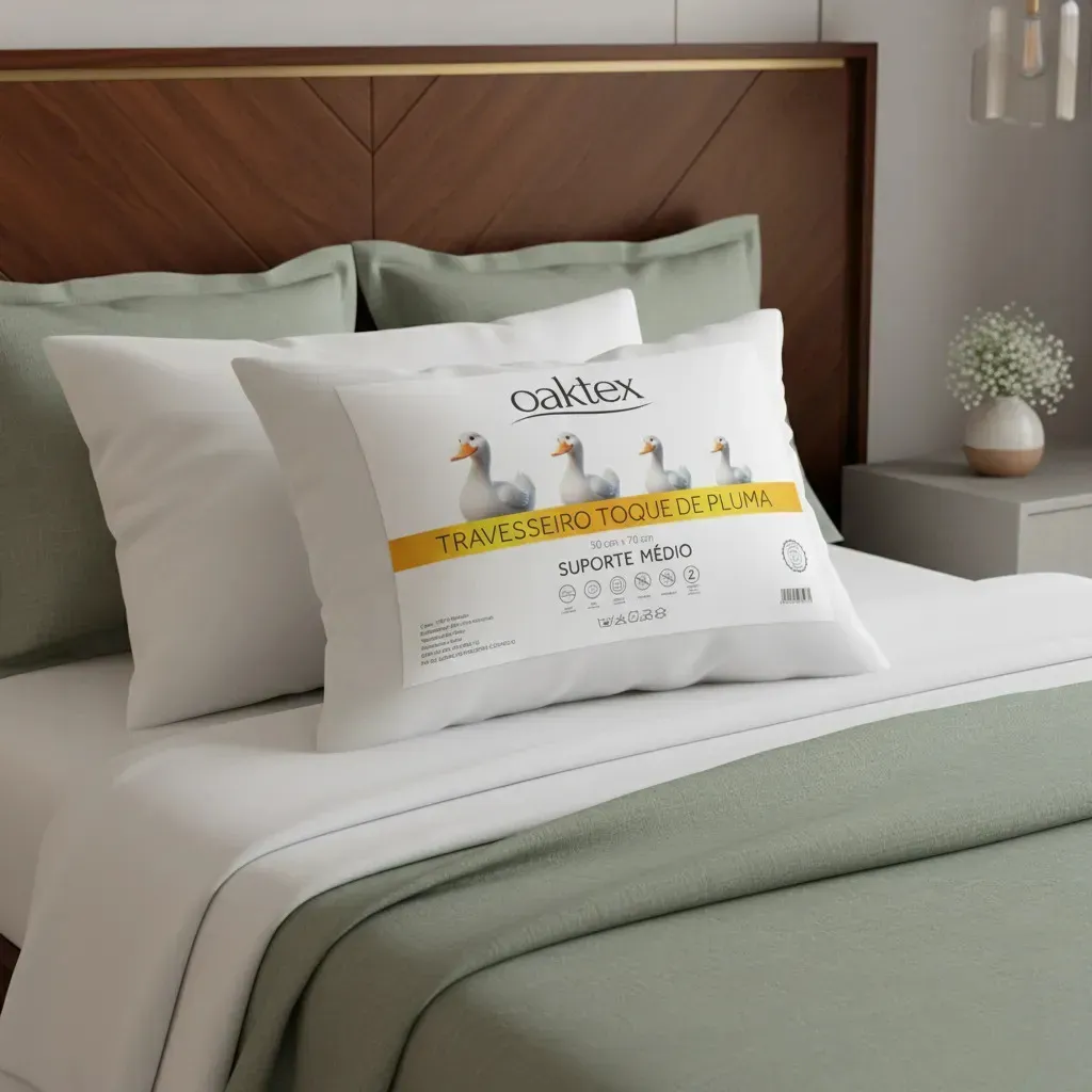Foto de estilo de vida mostrando o travesseiro Oaktex sobre uma cama arrumada com cabeceira de madeira.