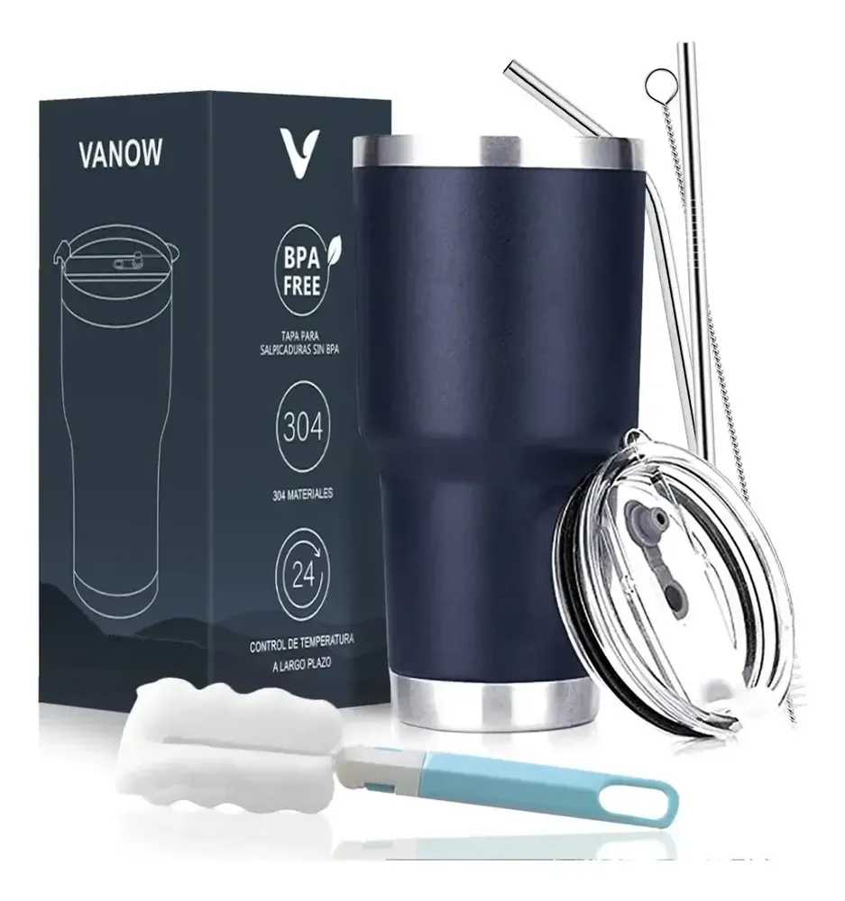 Vaso Térmico De 30oz Acero Inoxidable Con Popote Y Cepillo Azul Oscuro (cepillo+popote)