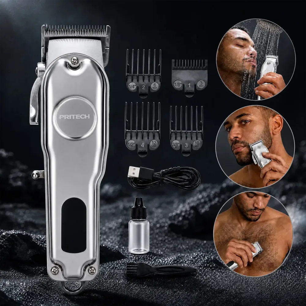 Máquina de Cortar Cabelo Pritech Elétrica Sem Fio Com Tela Digital
