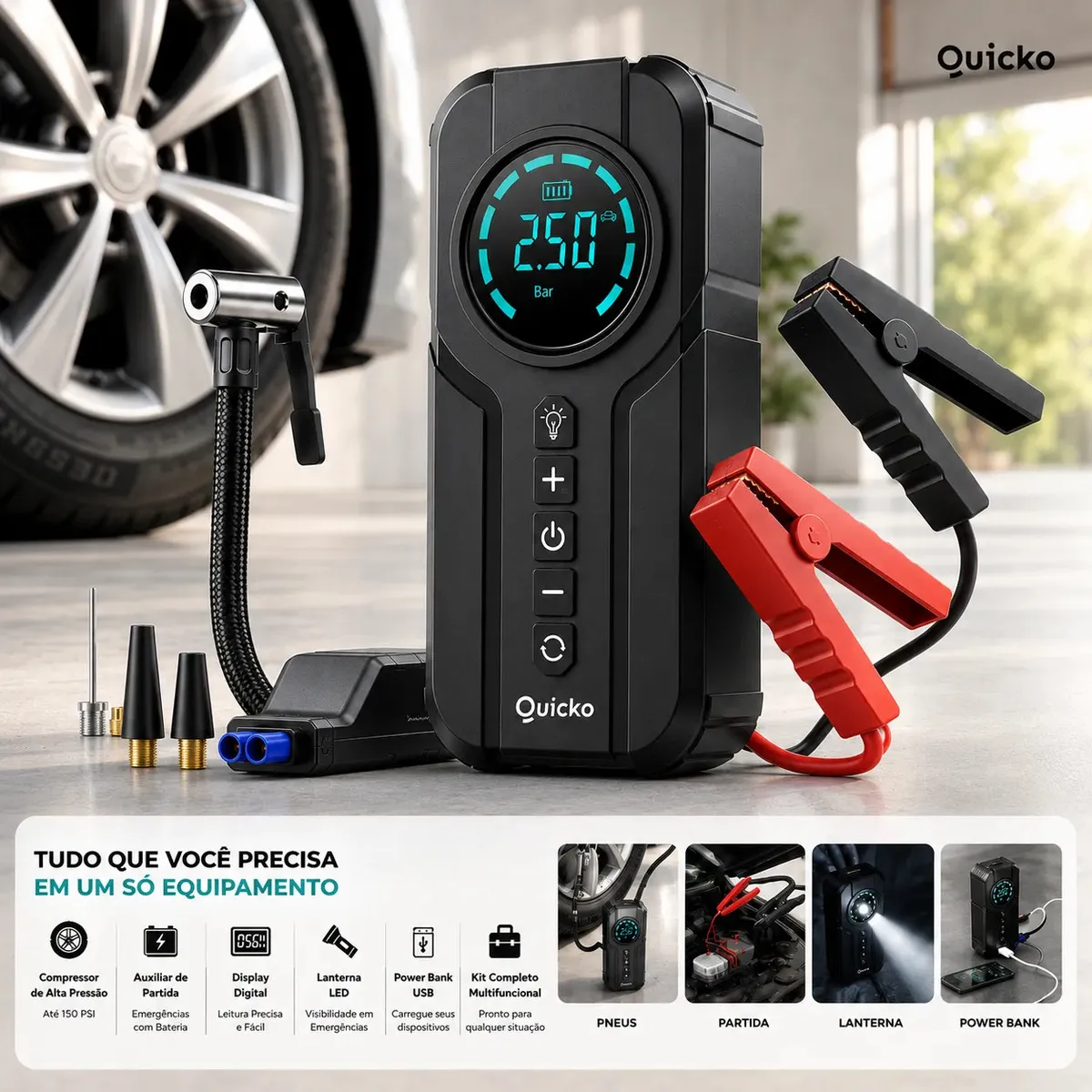 Bomba De Ar Elétrica Portátil Compressor Calibrador De Pneus Digital Para Carro Moto Bicicleta Inflador Recarregável Auxiliar De Partida Bateria Power Bank Celular Emergência Automotiva Quicko