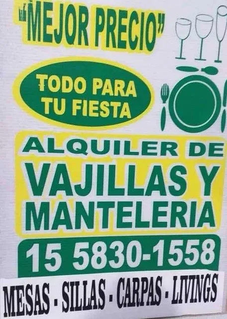 Alquiler :  Vajillas Mesas Sillas Mantelería Carpas Livings