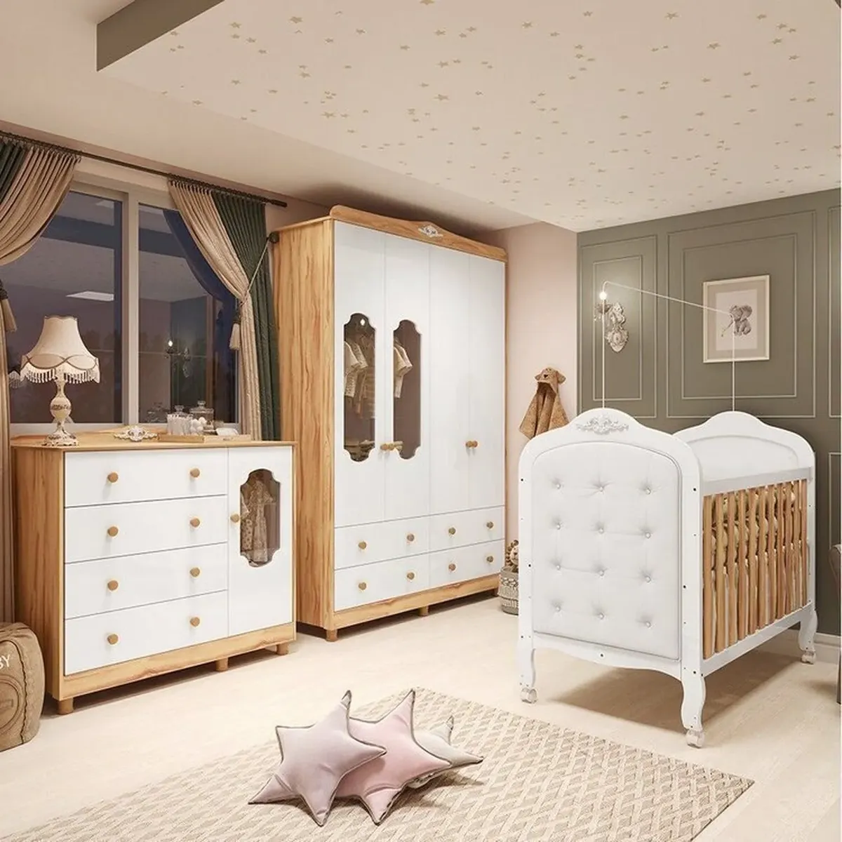 Quarto De Bebê Com Guarda-roupa Cômoda E Berço Com