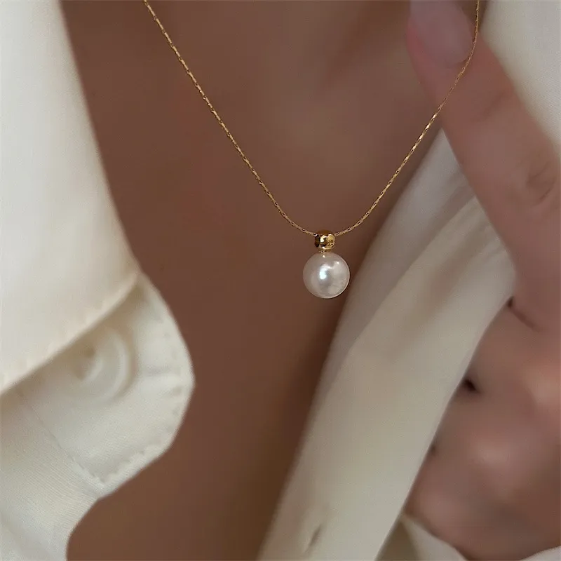 Colar Pingente Pérola Corrente Aço Inoxidável Feminino