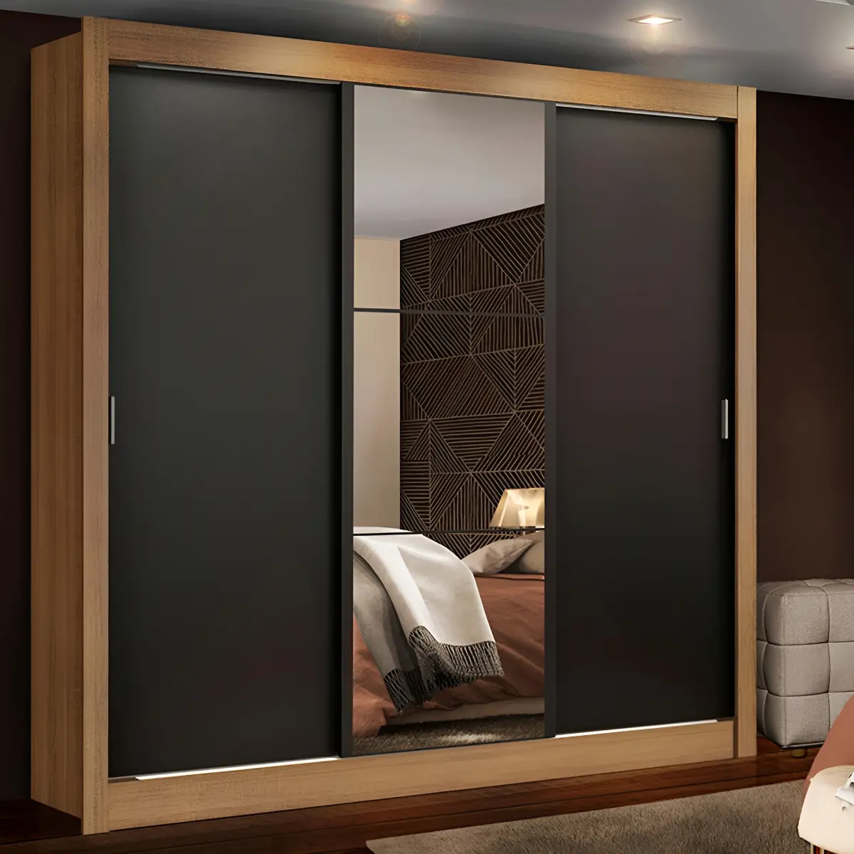 Guarda Roupa Casal Madesa Mônaco 3 Portas Correr Espelho Rp Cor Rustic/Preto