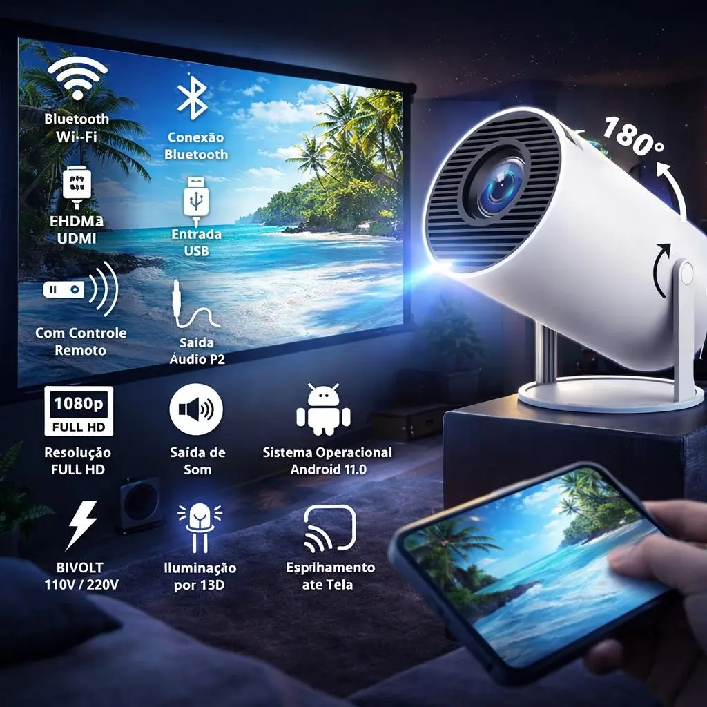 Projetor Portátil Vlx Hy300 Smart Android 11 Wi-fi Bluetooth, Branco, Com Imagem Hd 720p E Suporte A 4k 127/220v