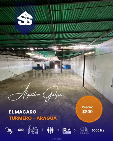 Alquiler De Galpón, 600 M2 En El Macaro, Municipio Santiago Nariño, Turmero - Aragua. Precio: $800, 2 Oficinas, 1 Baño, Tanque Subterráneo Y Aéreo Con Capacidad De 6000 Lts. Estacionamiento.