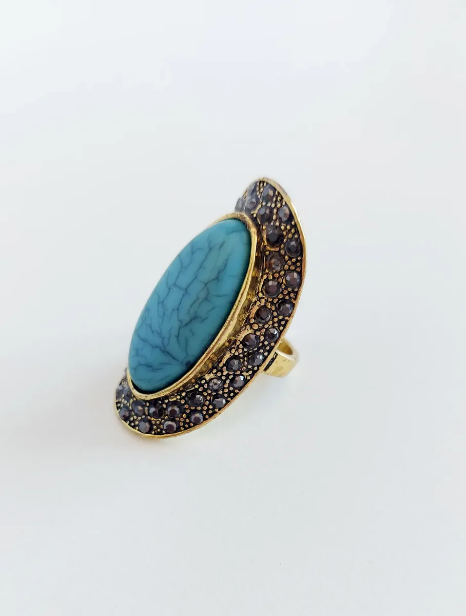Anel Dourado Com Pedra Azul Turquesa E Marcassitas — foto 3