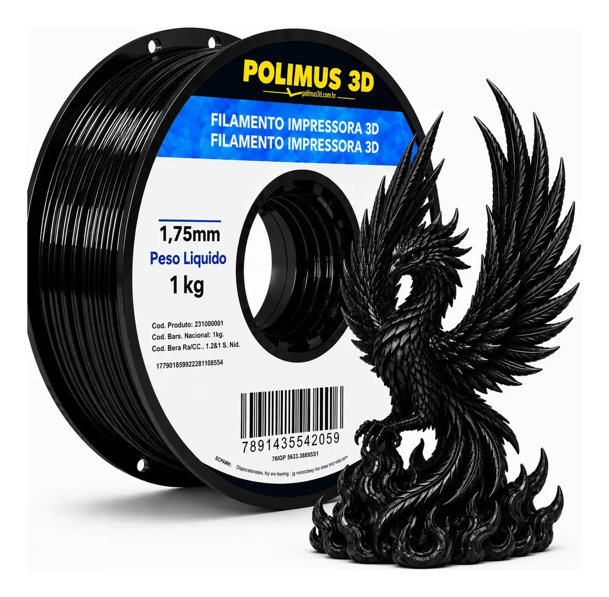 Filamento De Impressora 3d PETG 1.75mm 1kg Cor Preto Brilho Premium Polimus 3D
