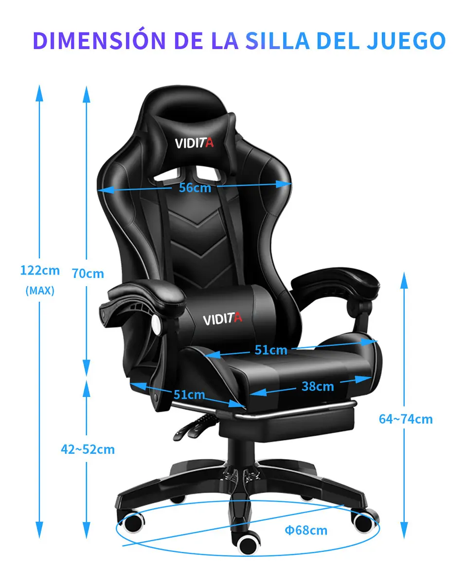 Silla Gamer Vidita Gx2000 Ergonómica Presidencial Reclinable Negra Con Reposapiés Videojuego Pc Profesional Negro Cuero Sintético