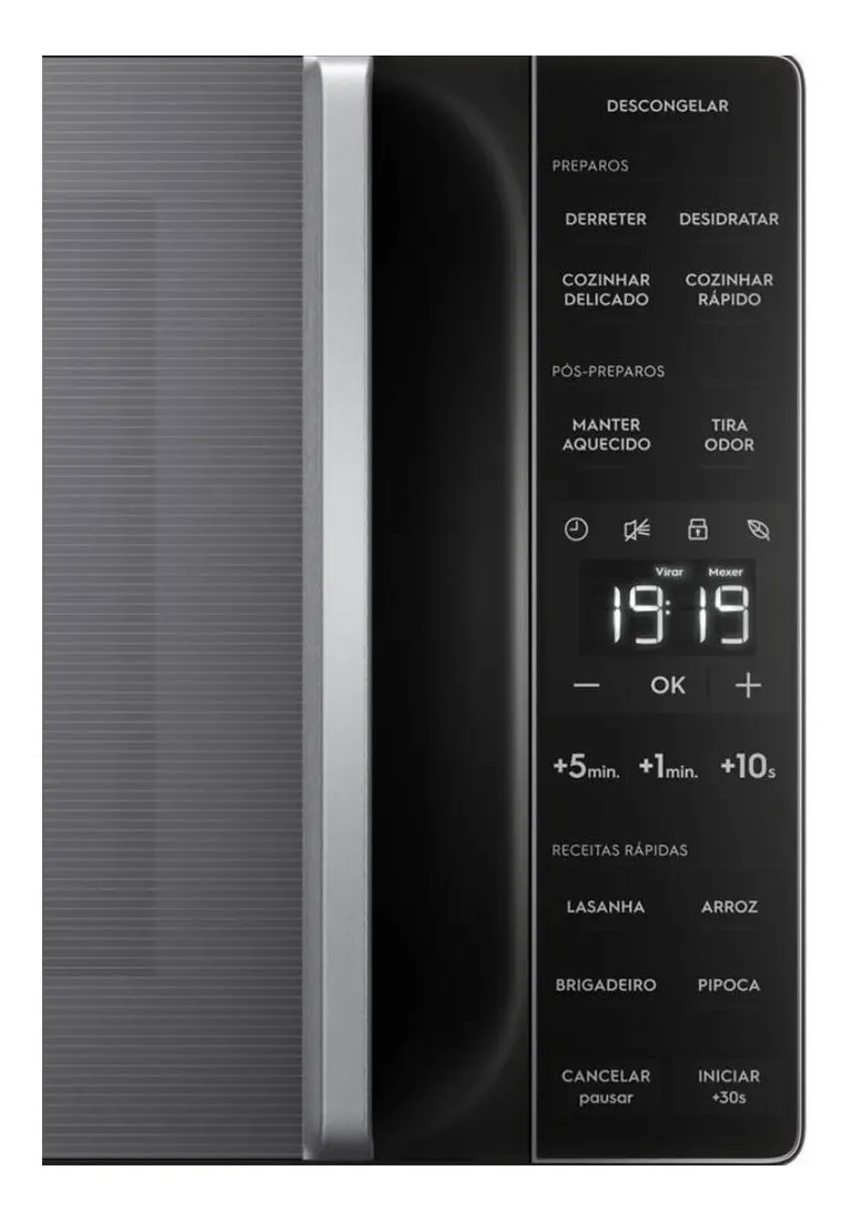 Close-up do painel digital do micro-ondas Electrolux ME23S com as funções e o relógio.