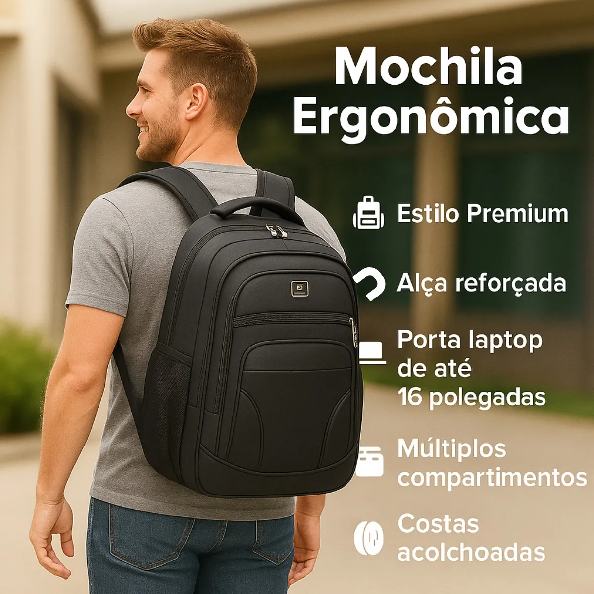 Mochila Masculina Feminina Alça Reforçada Faculdade Grande Escolar Viagem Executiva Anne Preto