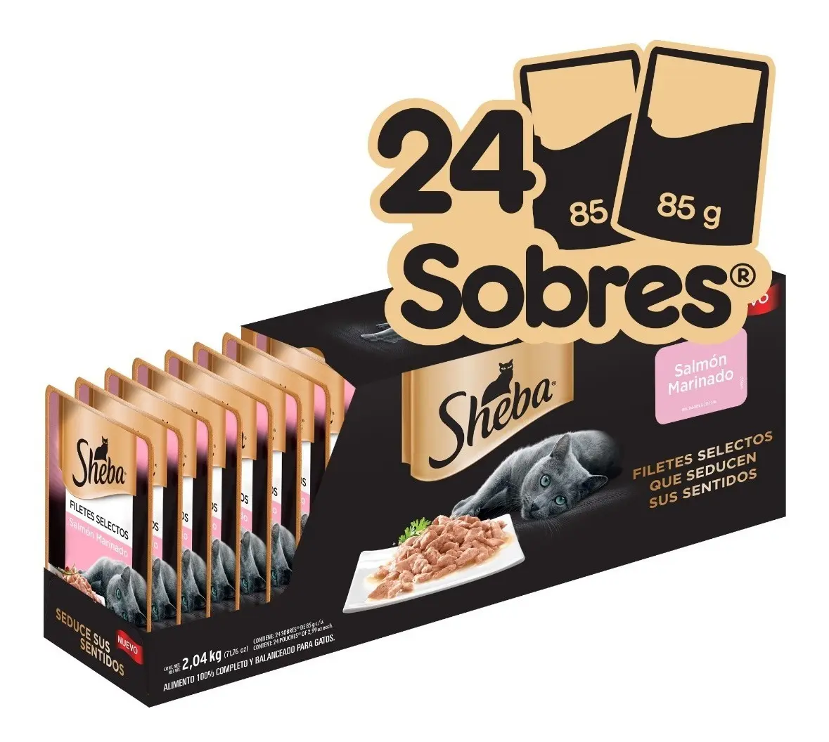 SHEBA - Alimento Húmedo para Gato Adulto, Sabor Filetes De Salmón Marinado 85g c/u. Paquete de 24 Unidades, Sin Colorantes ni Sabores Artificiales