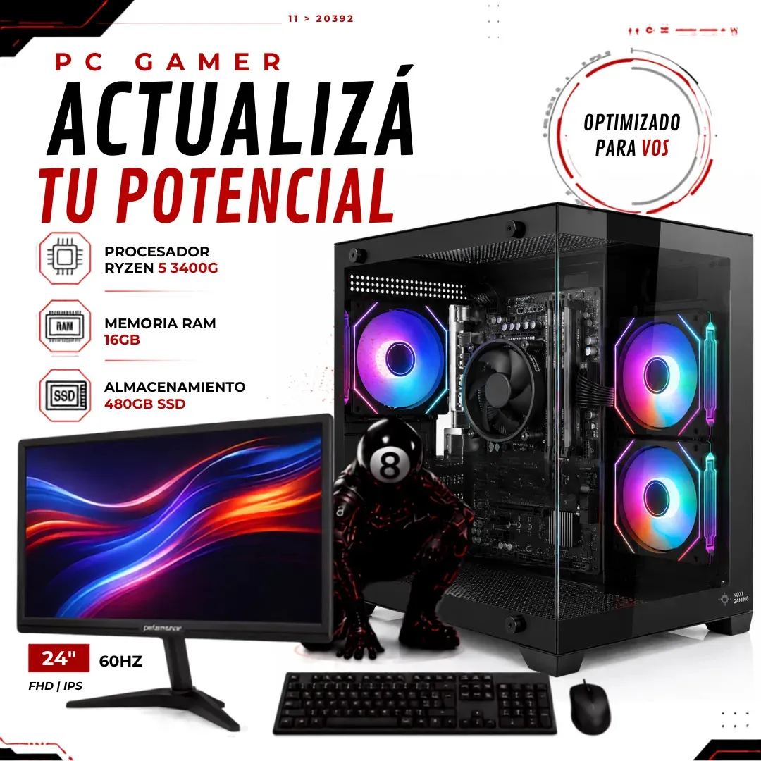 Pc Gamer Completa | Amd Ryzen 5 + Monitor 24 60Hz | Gabinete ARGB + 3 Coolers | Wifi | Teclado y Mouse