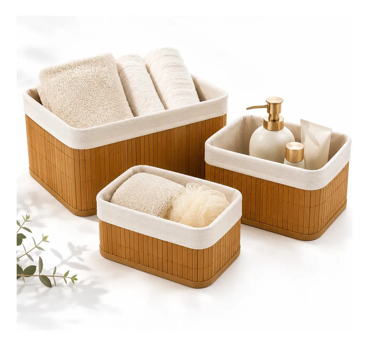 Kit 3 Cestos Organizador De Bambu Com Forro Multiuso Quarto Banheiro Escritório Ciclo Alternativa Bege