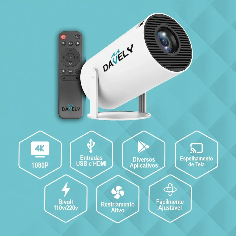 Mini Projetor Hy300 Android 4k Portátil Wi-fi Bluetooth Hdmi Usb Cinema Em Casa Compacto Alta Resolução Full Hd Smart Projetor Davely Celular Notebook Games Apresentação Branco 127/220v