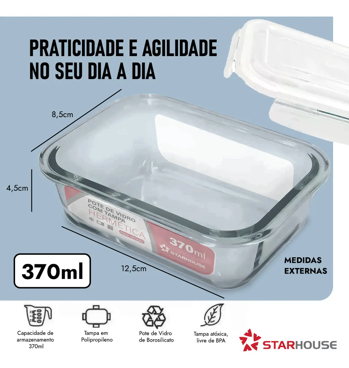 Pote de vidro retangular Star House de 370ml com medidas externas indicadas.