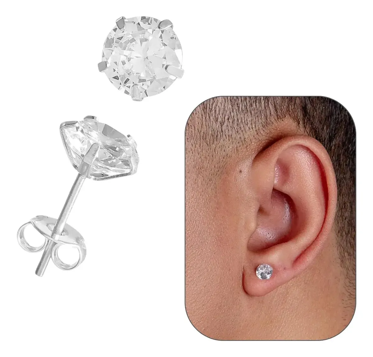 Par Brinco Prata 925 Legítima Pedra Zircônia 6mm Masculino Prateado — foto 2