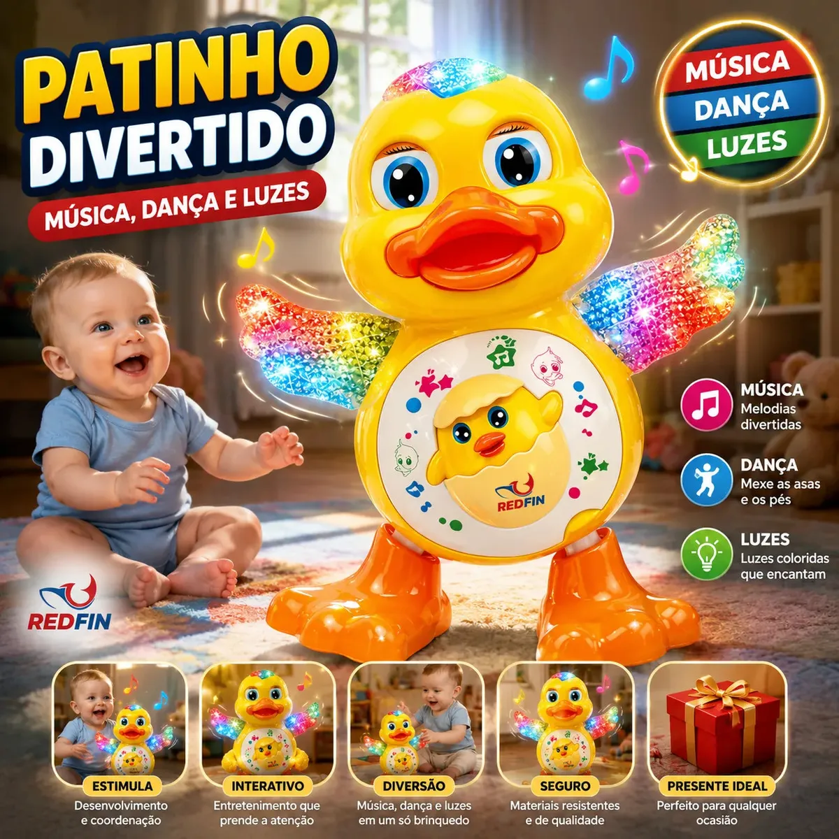 Patinho Musical Dançarino Redfin com Som e Luz para Crianças