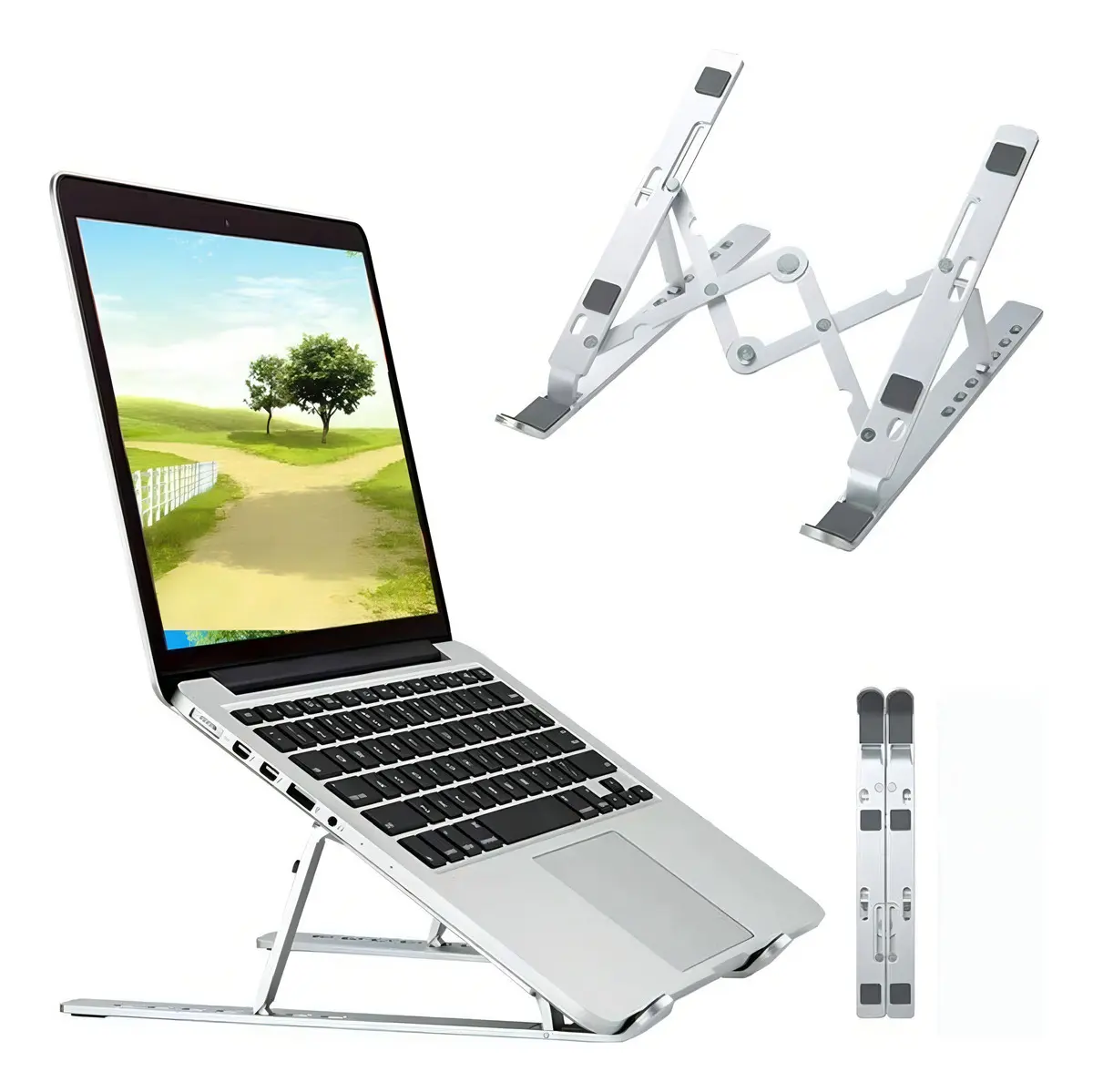 Base Suporte Para PC Notebook Alumínio Portátil Articulado Dobrável Tablet Laptop Mesa Davely Cor Prateado