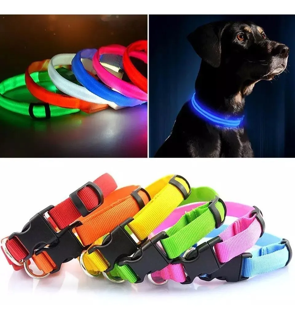 Collar Luz Led Para Perros Gatos Ajustable Con 3 Modos Pilas