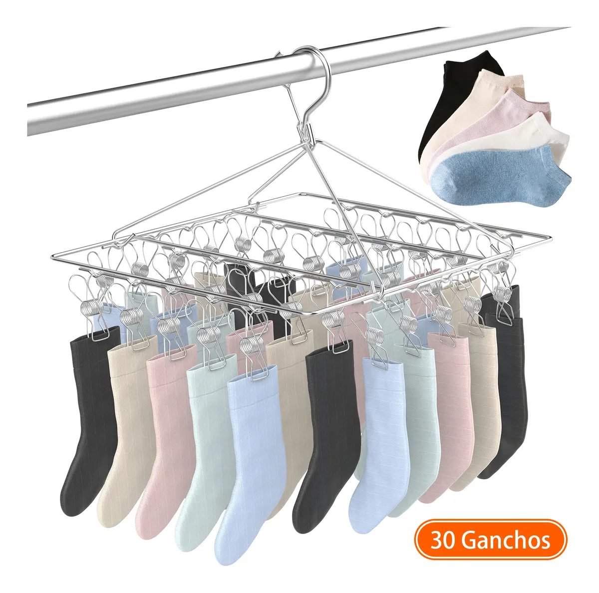 Varal Portátil Primeware de Aço Inoxidável com 30 Ganchos Para Meias e Roupas Íntimas
