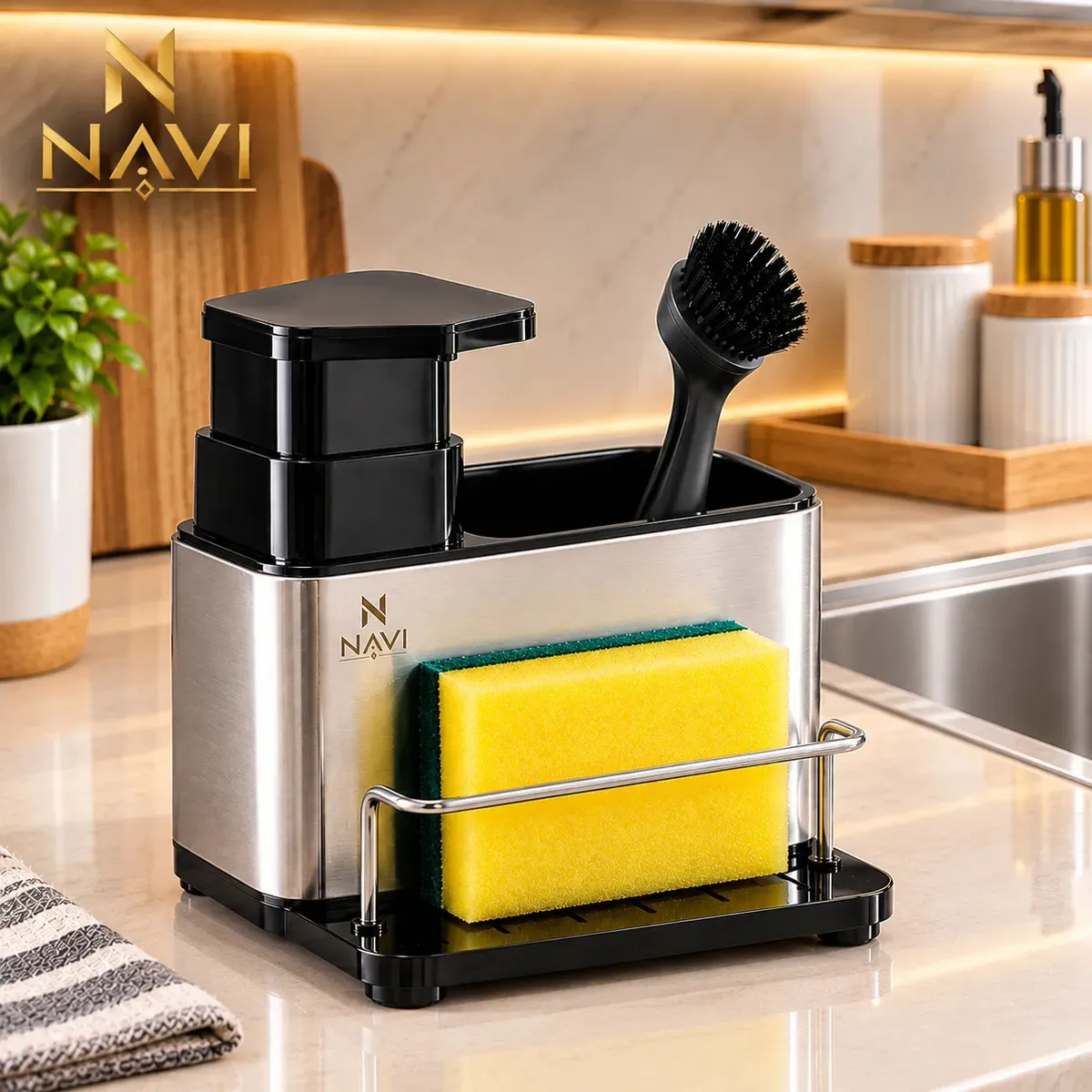 Dispenser Detergente Inox Premium 3 em 1 Organizador de Pia Sabão Cozinha Porta Esponja Suporte Multiuso para Pia de Cozinha Acessório Prático e Moderno Navi