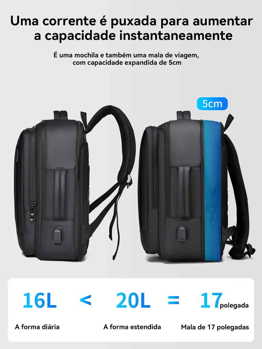 Mochila Executiva Porta Notebook Impermeável, Expansível 5cm, Saída USB, Alça para Fixar em Malas, Alças Acolchoadas, Multicompartimentos, Ideal para Trabalho, Viagens e Faculdade, Design Elegante Uni