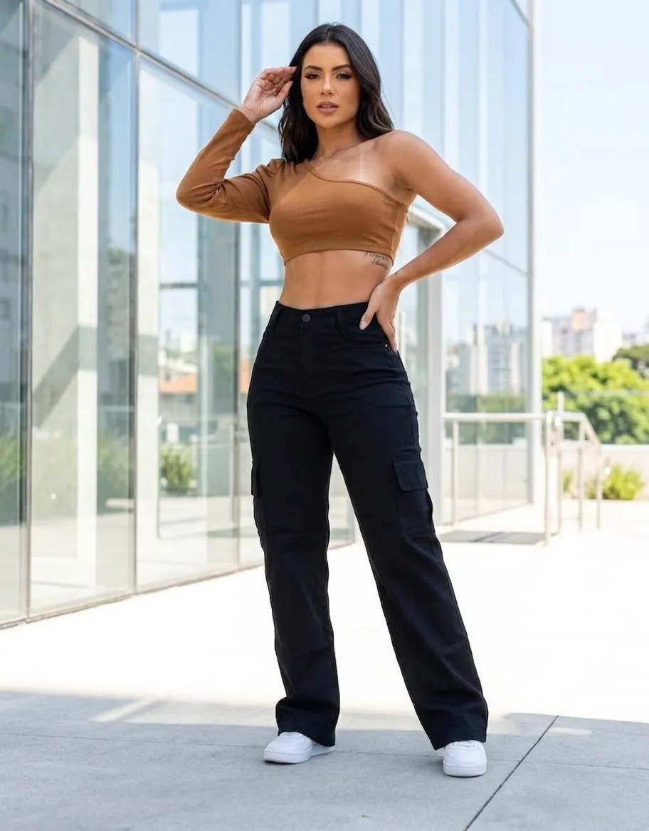 Calça Cargo Feminina Wide Leg Cintura Alta Jeans Stillger