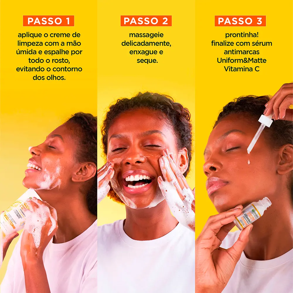 Tutorial passo a passo de limpeza facial utilizando o creme Garnier e finalizando com o sérum antimarcas da mesma linha.