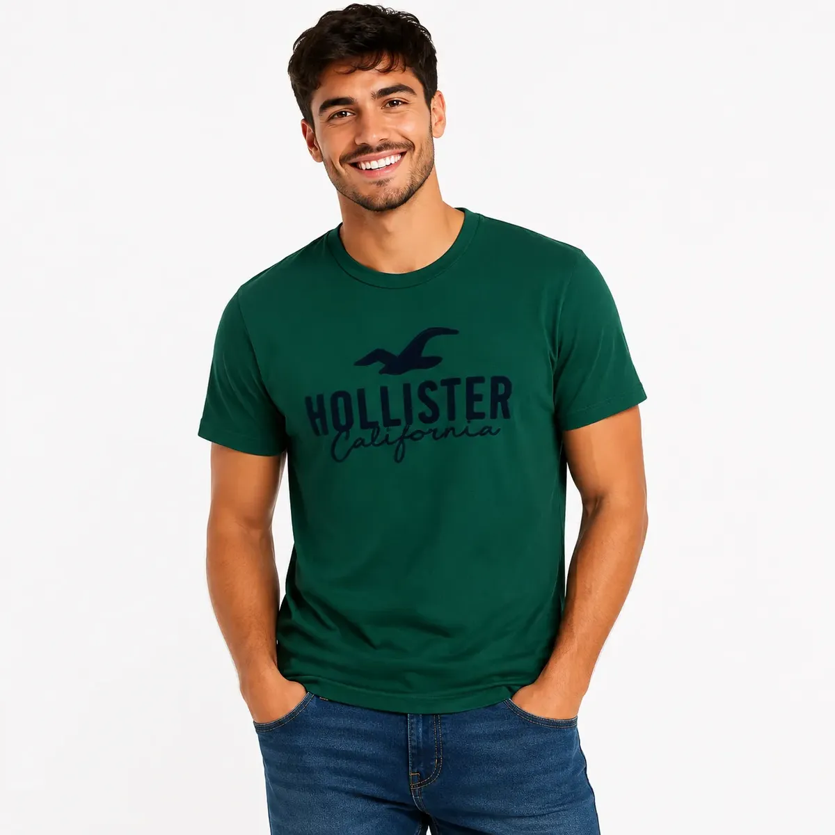 Camiseta Hollister - Slim Fit - Logo Bordada - Verde