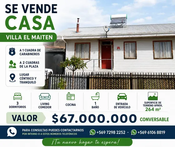 ¡en Venta! Casa En Villa El Maitén, Yungay Ñuble. Excelen