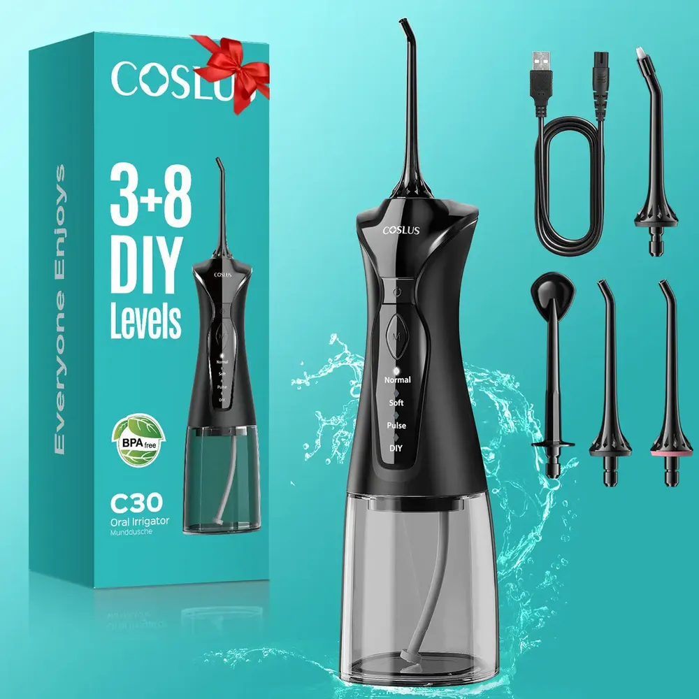 Coslus Irrigador Bucal, Irrigador Dental Profesional Con 4 Boquillas, 4 Modos, Tanque De Agua De 300 Ml, Ipx7 Impermeable, Limpiador Bucal Recargable Portátil, Adecuado Para Uso Doméstico Y De Viaje