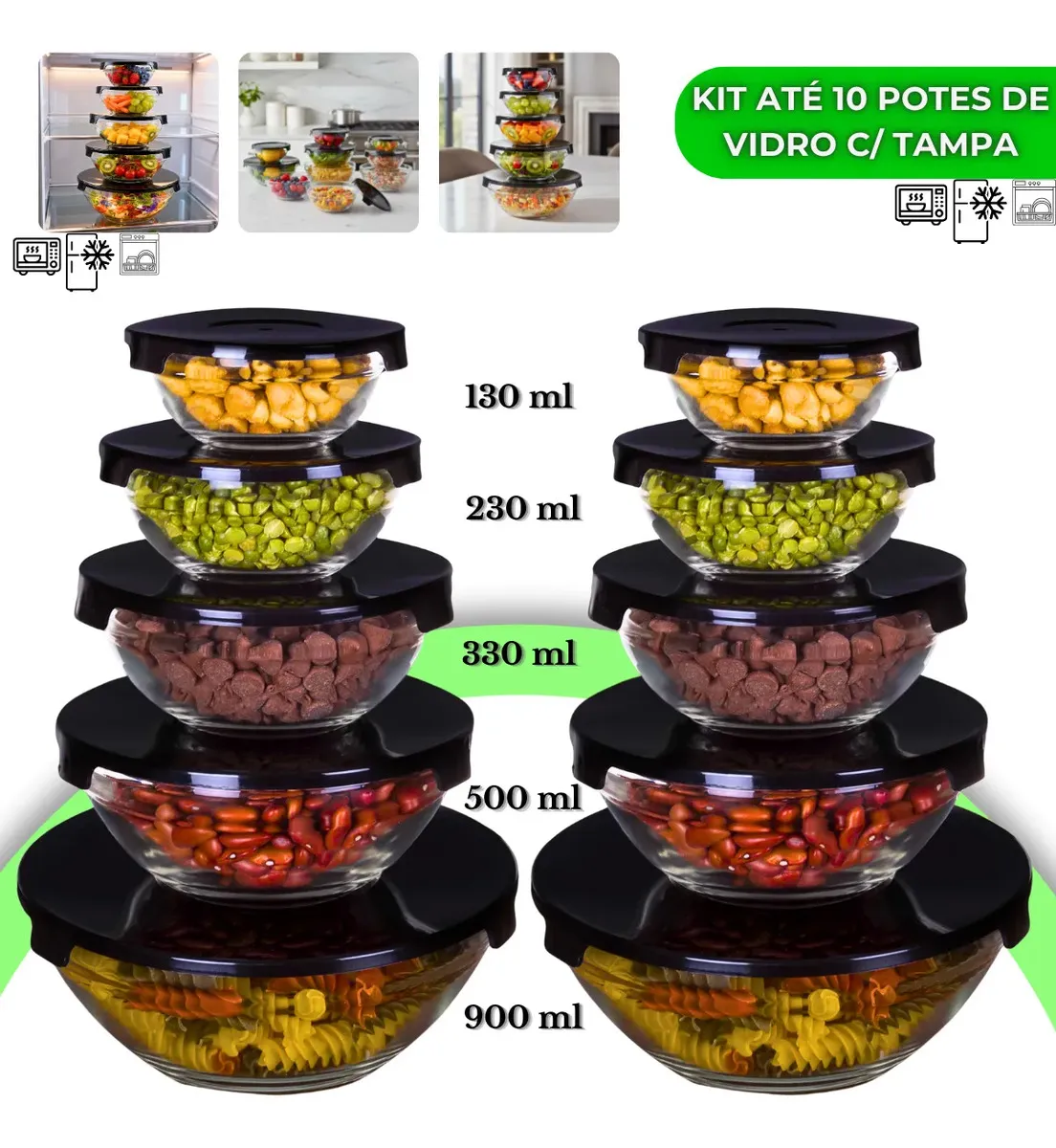 Kit 10 Potes De Vidro Hermético Com Tampa Tigela Redondo Freezer Micro-ondas Marmita Ideal para Alimentos e Refeições VYROX