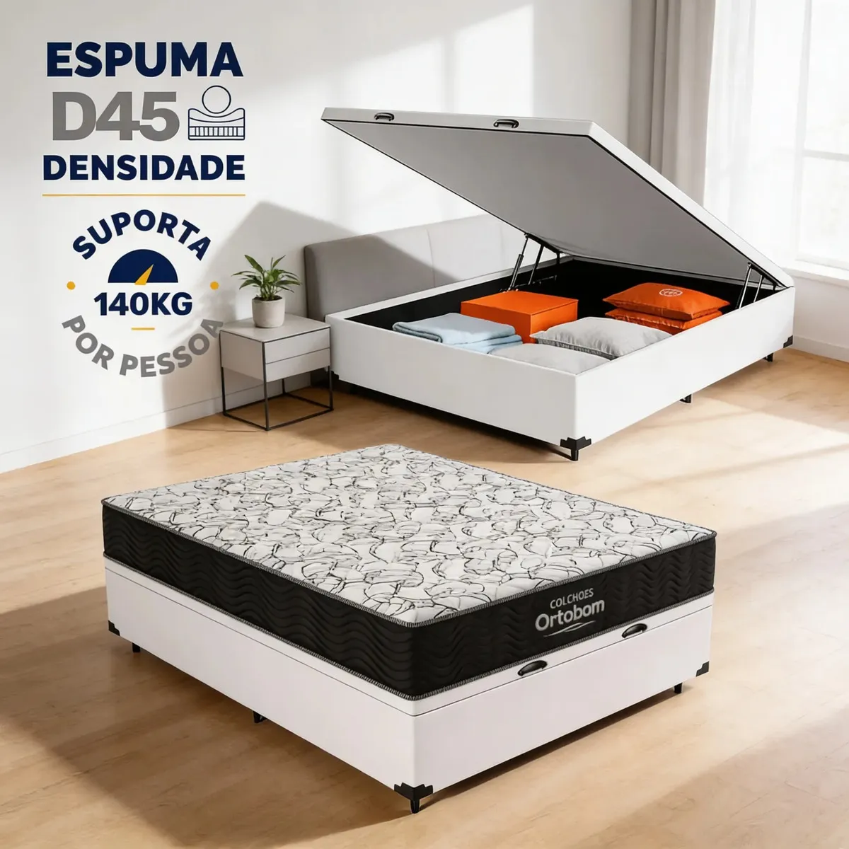 Cama Box Baú - Colchão Espuma D45 Ortobom Airtech 150 Casal Branco