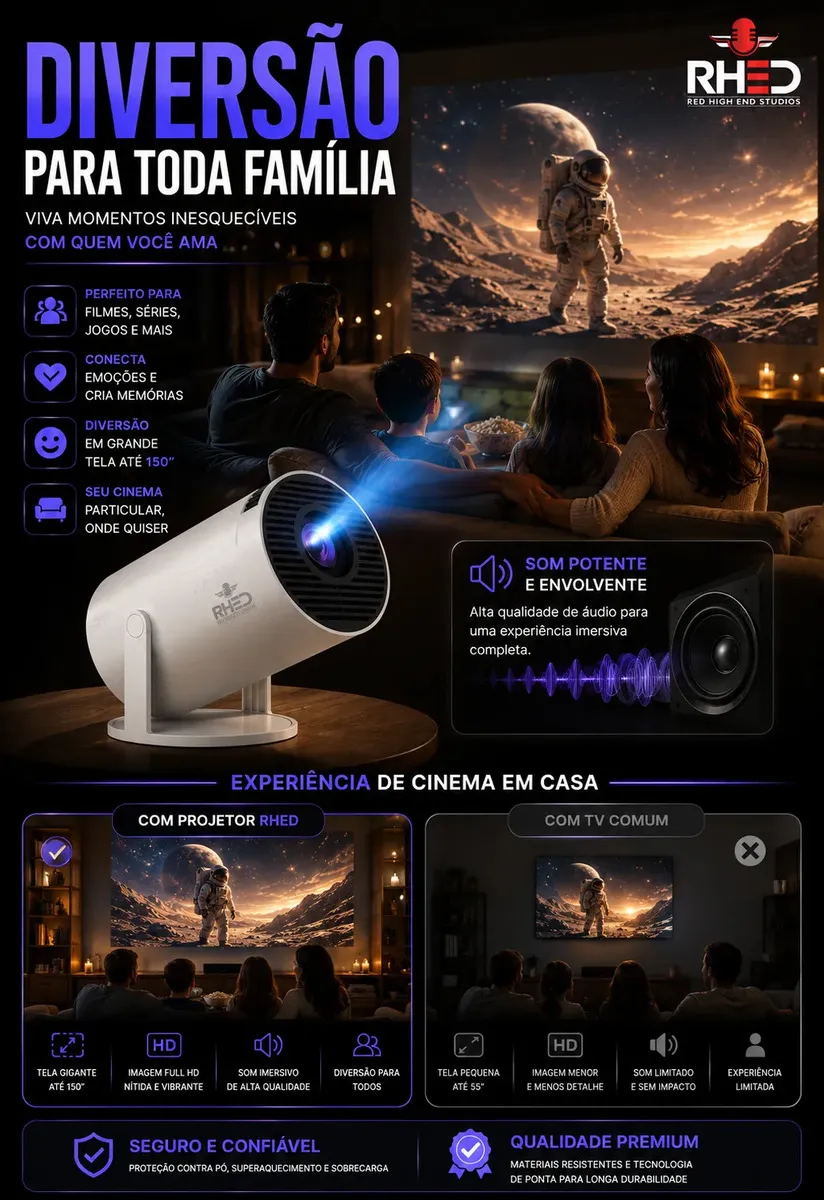 Mini Projetor Smart Rhead RHY300 Full HD com Wi-Fi e Bluetooth para Home Theater