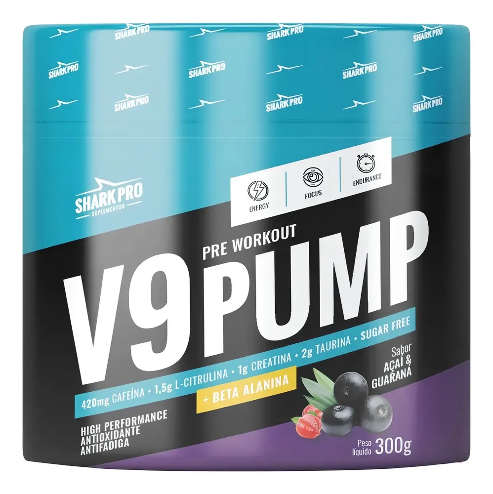 Suplemento Em Pó Pré Treino V9 Pump Shark Pro 300g Alanina Sabor Açaí Com Guaraná