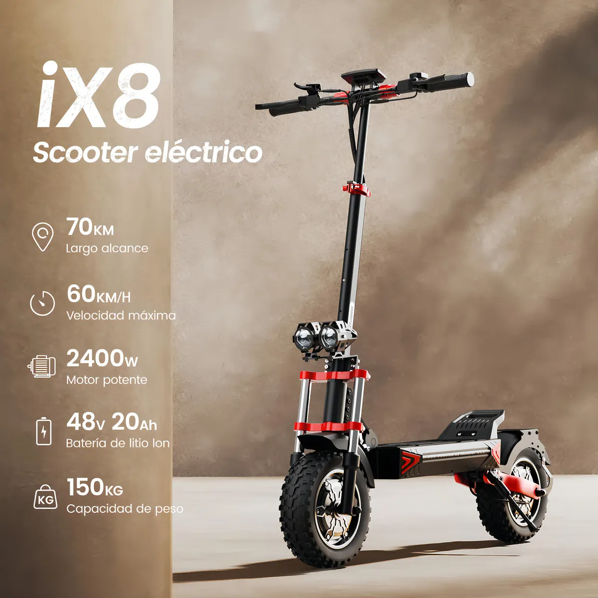 Scooter Eléctrico Iscooter iX8 2400W Doble Motor 60km/h-velocidad 70km-autonomía Max Batería 48v/20ah Patin Electrico Con Pantalla Plegable Adultos Sistemas de Doble Frenado - Vista 3