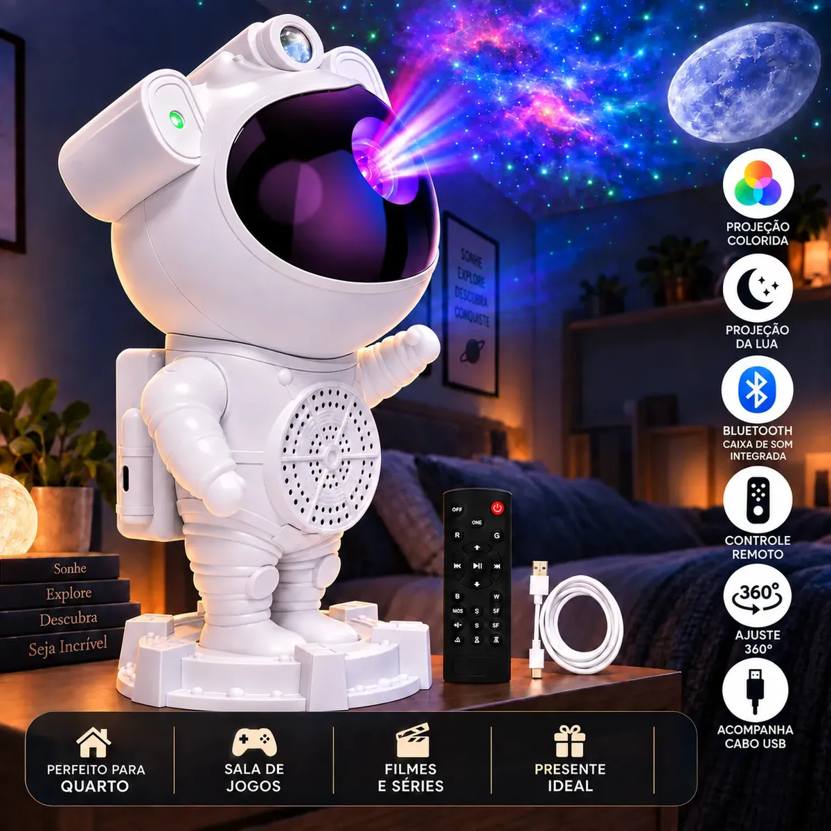 Luminária Astronauta Lua Galáxa Estrela Led Bluetooth Efeitos Coloridos Caixa de Som Integrado 360° Ajustável Controle Remoto Perfeito para Dormir Luminaria de Mesa