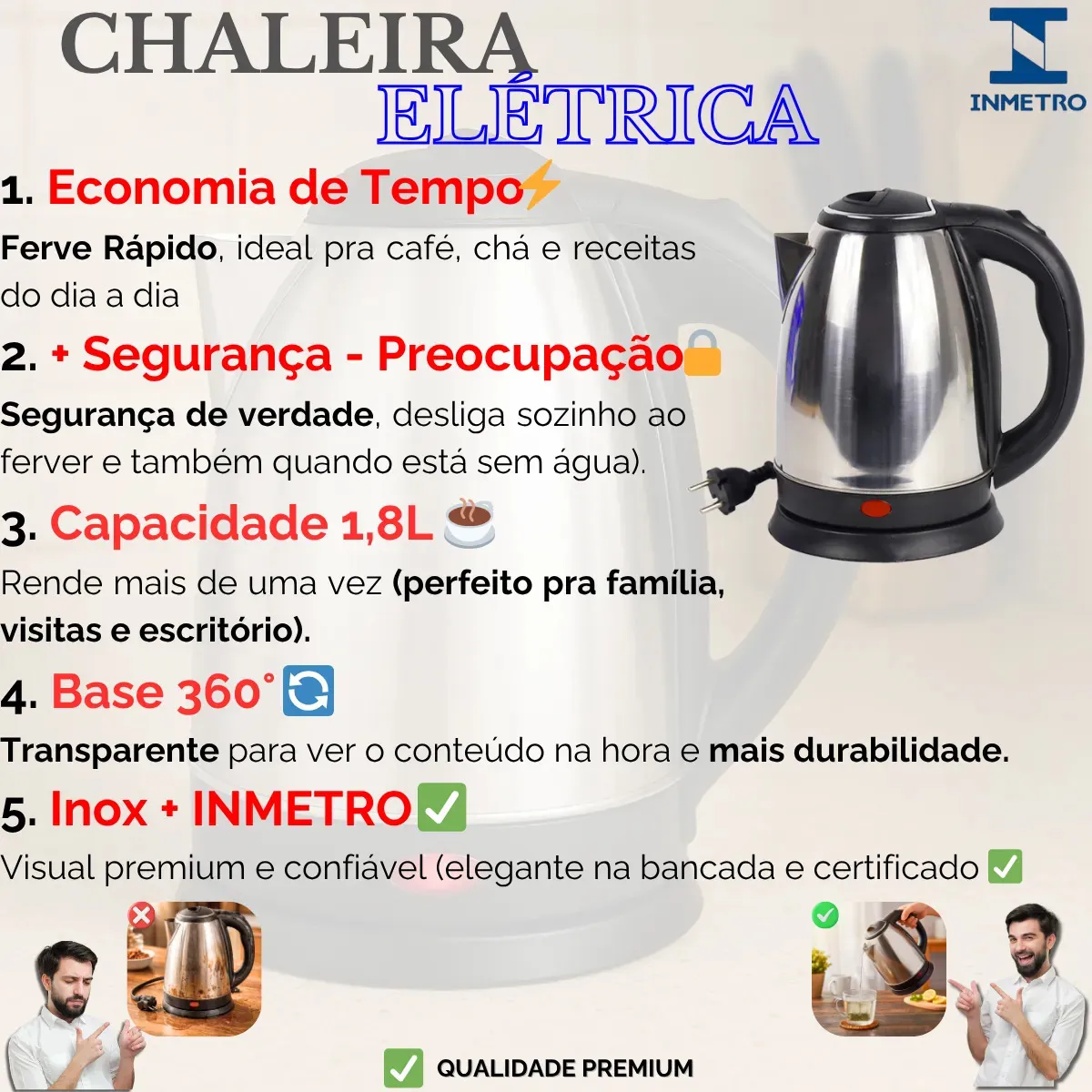 Chaleira Elétrica Inox 1.8l Com Tampa Jarra Bule Café Chá Desligamento Automático Ferve Água Rápido — imagem 2
