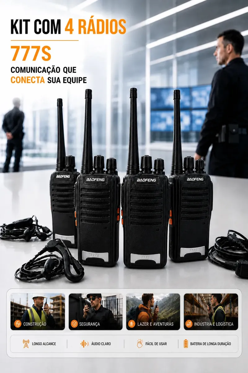 Kit 4 Rádios Comunicadores Baofeng 777S Profissional Eventos - Com Fone Microfone e Acessórios - Radio De Comunicação Segura Longo distancia Com 16 Canais Hardline