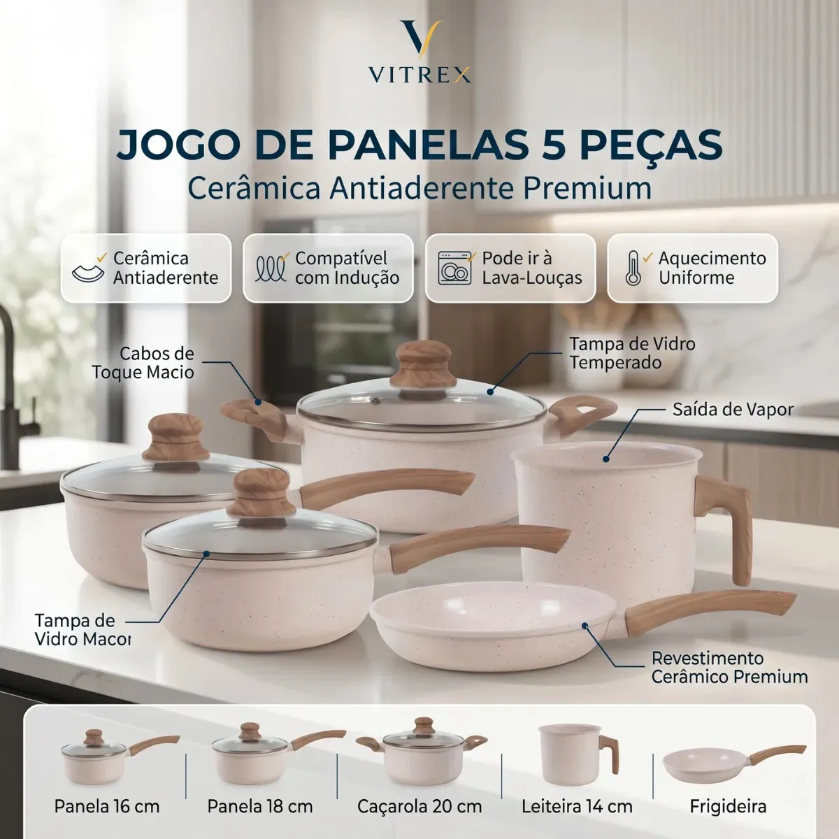 Jogo De Panelas Cerâmico Triplo Indução Vitrex Ecoglid 5 Peças Cor Baunilha